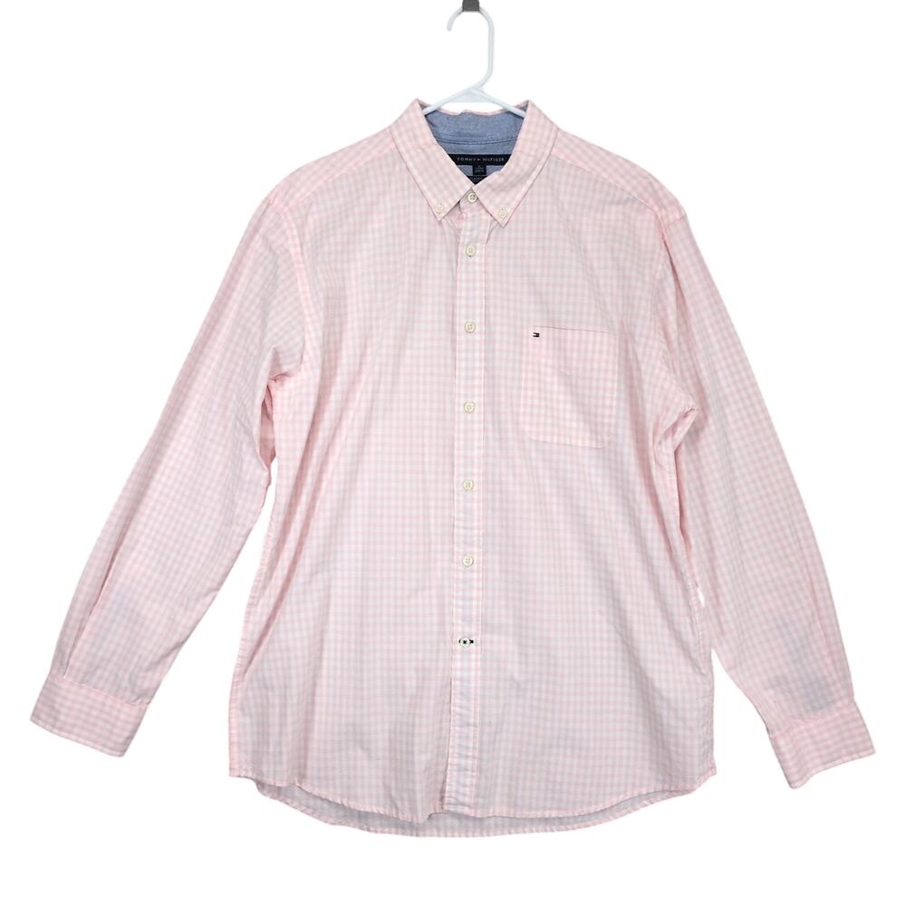 Tommy Hilfiger Men's XL Classic Fit Button Down Shirt, Pink Gingham Check Preppy